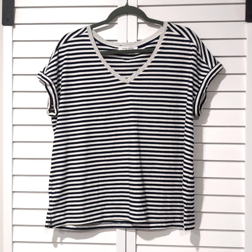 Rose + Olive Striped Tee, Size XL, Navy/White